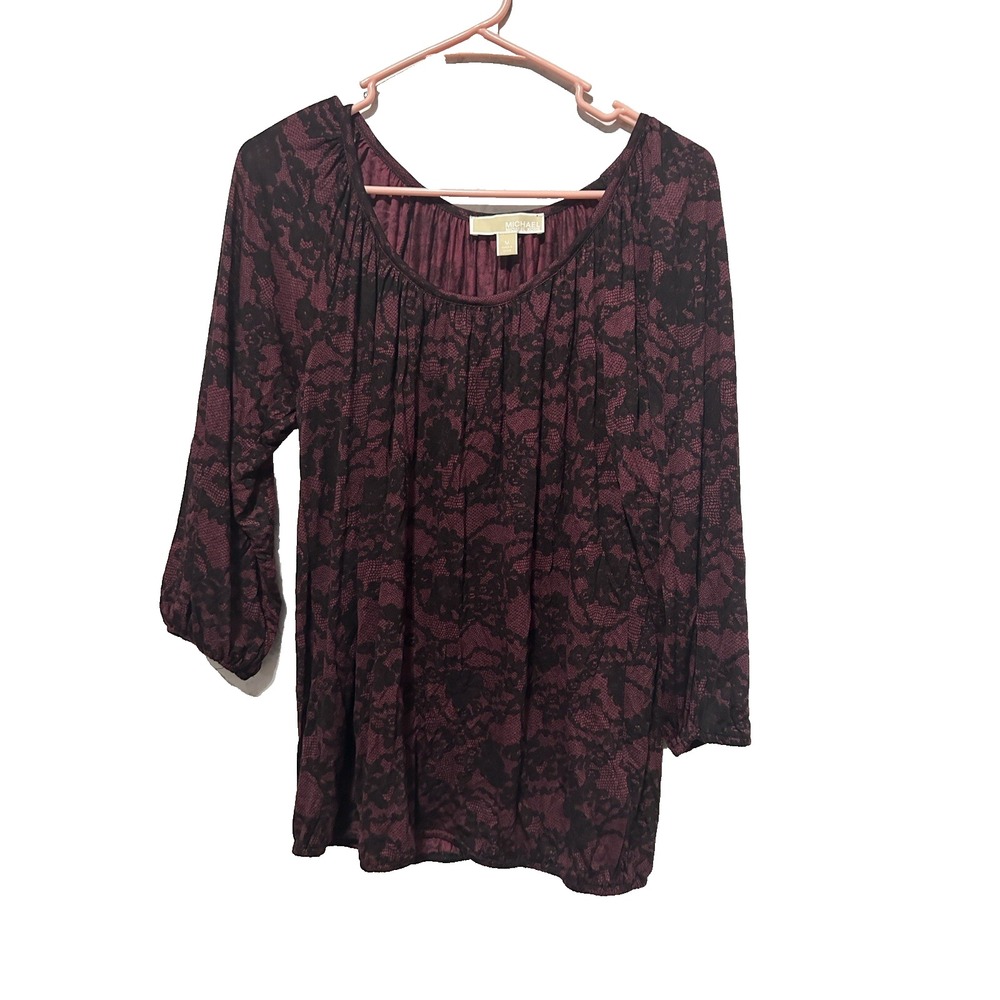 Michael Kors Lace Print Peasant Top Burgundy Black 3/4 Sleeve Women's M